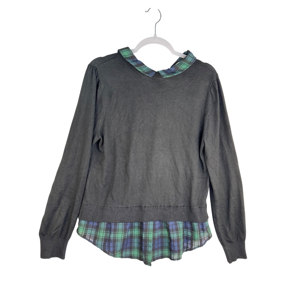 LOFT Womens Large Grey Plaid Layered Look Sweater Mixed Media Collared Top